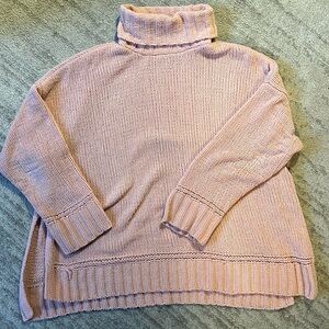 Aerie Pink Chenille Turtleneck Sweater Side Slit Relaxed Boxy